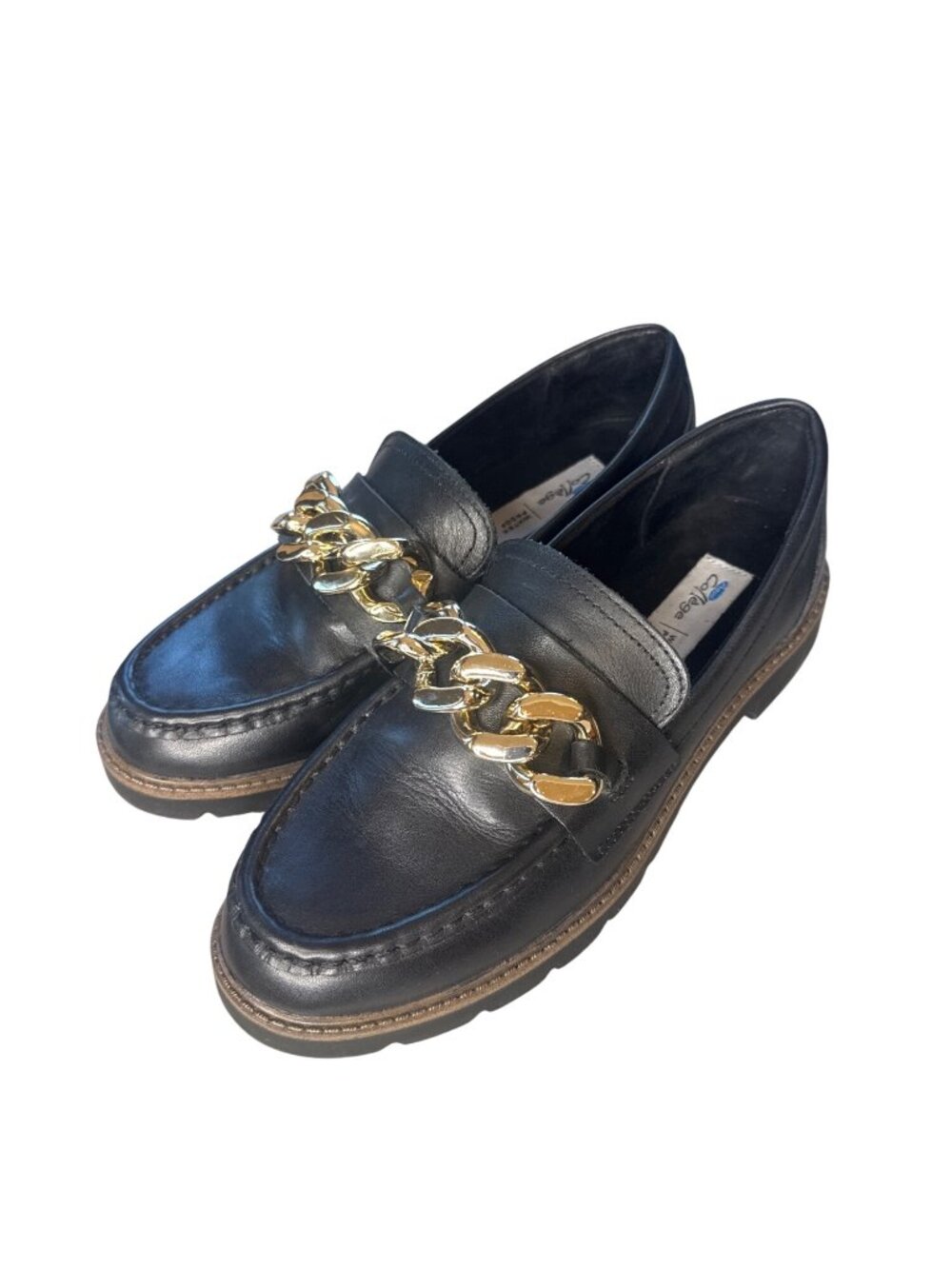 Aqua College Black Leather Loafer Gold Chain Lug Sole Size 7 Waterproof - Picture 4 of 6